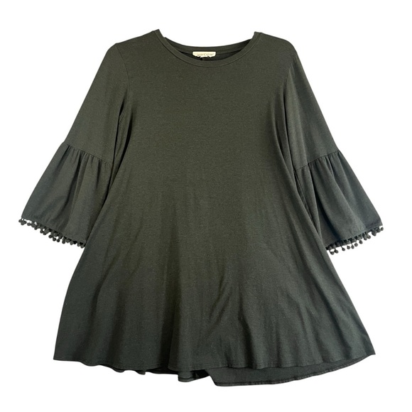 JOHNNY WAS CALME Fluted Sleeve Pom Pom Trim Swing Dress Green Size Medium - Picture 1 of 9